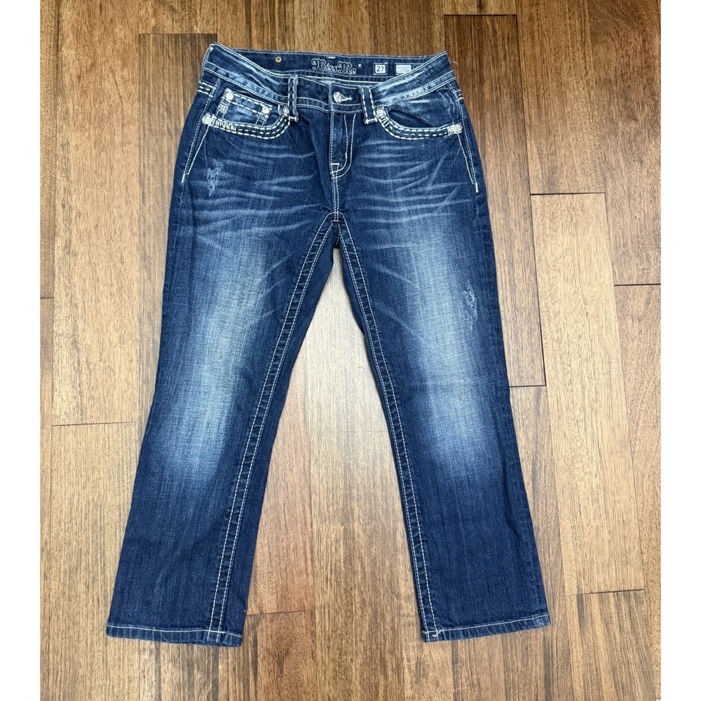 Miss Me Jean Easy Capri Sz 27 Med Blue Denim Embellished Sequin